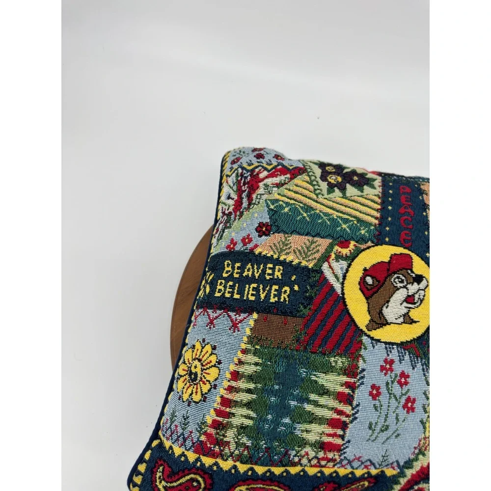 Buc-ee's Woven Tapestry Patchwork Throw Pillow Multi 14x14 Peace Love Beaver